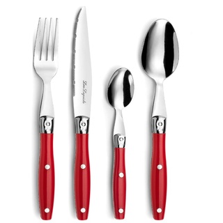 Lou Laguiole COMPTOIR | Steakmesser Set 24-teilig | Besteck für 6 Personen | Rot | Wellenschliff Messer Essbesteck | Besteck Set