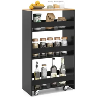COSTWAY Nischenwagen 25cm breit, 4 Etagen Küchenwagen schmal, Nischenregal auf Rollen, Servierwagen mit Griff & Geländern, Badregal Holz, Schwarz - Schwarz
