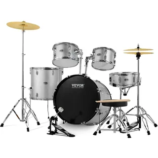 VEVOR Schlagzeug, 5-teilig, Drum in voller Größe mit Bass-/Tom-Drums, Snare, Standtrommel, verstellbaren Thronständern, Becken, Hi-Hat-Pedal und Drumsticks, Anfänger-Schlagzeug, Silber