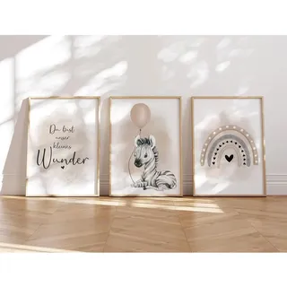 MeinBaby123® I Bilder Kinderzimmer | 3er Set DIN A4 Poster Set | Wandbilder | Kinderzimmer Poster | Deko Bilder Mädchen und Jungen | Wandposter Premium (Zebra & Luftballon beige)