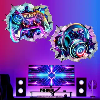 wondever Wandtattoo 2 Stück 3D Gamer Wandaufkleber Gaming Controller Durchbruch Videospiel Wandsticker Wanddeko für Kinderzimmer Jungen Schlafzimmer Spielzimmer