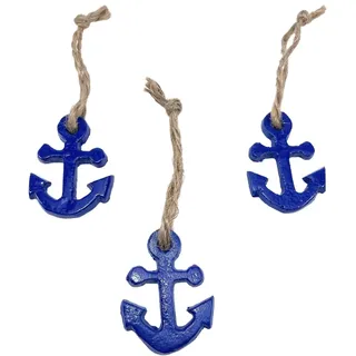3X Anker Deko Anhänger aus lackiertem Metall je ca. 5,5 x 4cm (Blau) | mit Jute Band zum Aufhängen, für vielseitige Dekorationen & maritime Ambiente, Deko-Anker im Shabby Chic / Antik Look