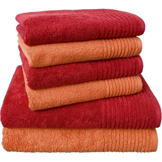 Handtuch Set DYCKHOFF "Brillant", bunt (kirsche, peach), 6 Stk., Walkfrottee, Walkfrottee, Obermaterial: 100% Baumwolle, Handtuch-Sets, Handtuch Set, mit Streifenbordüre;4 Handtücher (50x100cm), 2 Duschtücher (70x140cm)