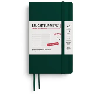 Leuchtturm1917 372516 Wochenkalender & Notizbuch Pocket (A6) 2026, 12 Monate, Softcover, Forest Green, Deutsch