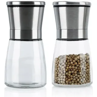 Intirilife 2er Set Gewürzmühle in SILBER TRANSPARENT – 2x Grinder Handmühle aus Glas und Edelstahl für die Küche perfekt geeignet zum Mahlen und Zerkleinern von Pfeffer, Salz, Gewürzen uvm. - Metall , 6.5x6.5x13.
