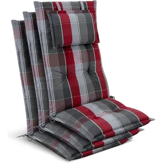 Beautissu 3x Gartenstuhlauflage Hochlehner 120x50x7cm Grau-Rot-Hellblau-Kariert