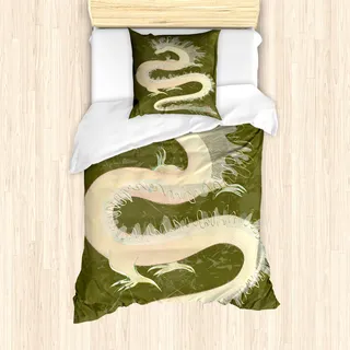 ABAKUHAUS Drachen Mantele, Chinese Dragon Eastern, Milbensicher Allergiker geeignet mit Kissenbezügen, 135 cm x 200 cm - 80 x 80 cm, Gelb und Grün - Gelb