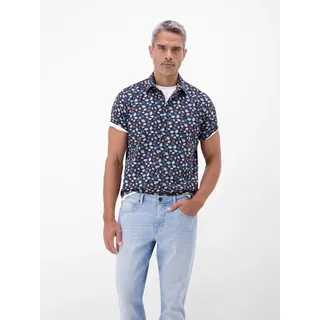 Kurzarmhemd LERROS, Herren, Gr. L, N-Gr, bunt (classic navy), Web, Obermaterial: 100% Baumwolle, gemustert, normal hüftbedeckend, Rundhals, Hemden Kurzarmhemd, mit Allover-Minimal-Print