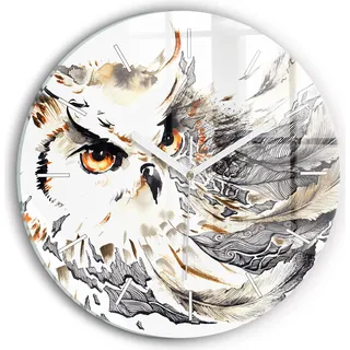Wallfluent Wanduhr – Stilles Quarzuhrwerk - Uhr Dekoration Wohnzimmer Schlafzimmer Küche - Zifferblatt mit Striche - weiße Zeiger - 30 cm - Eule Symbol der Weisheit - Braun