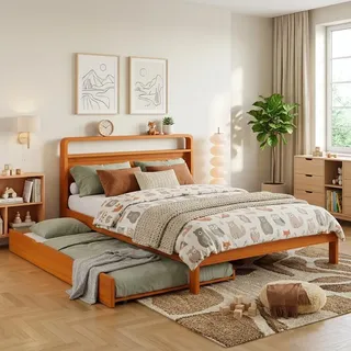 STILVORA Holzbett 140x200cm mit Ausziehbett 90x190cm und Gästebett, Doppelbett mit abgerundetem Kopfteil, Funktionsbett mit 2-in-1 Funktion,mit einer Matratze - Naturbelassen