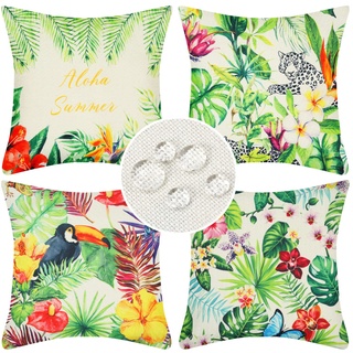 4er Set Kissenbezüge Tropische Blätter wasserdichte Sofakissen Outdoor Leinen Couchkissen Dekokissen 45 x 45 cm Grün Pflanze Bunt Blumen und Vögel Kissenhüllen für Balkon Terrasse Patio Garten Dekor