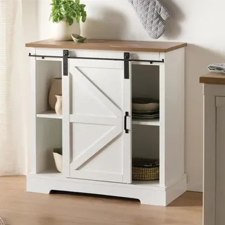 Sideboard "Landhaus" MDF weiß / Furnier braun, 80x35x81 cm, Kommode mit Schiebetür, Küchenschrank