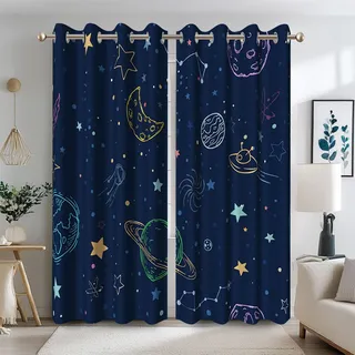 Ttincceer Marineblau Raum Blackout Vorhänge Cartoon Sterne Planeten Thema Galaxie Vorhänge für Kinder Schlafzimmer Weltraum Vorhänge mit Tülle Kinderzimmer Raum Dekor Vorhang 2 Panels 107x160cm