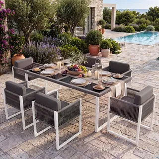 Flieks Gartenlounge-Set Gartenmöbelset 6 Personen, Rattan Terassenmöbel Balkonmöbel 7-tlg., Gartentisch mit Glasplatte, Gartengarnitur Grau - Grau