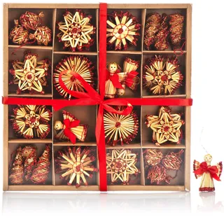 COM-FOUR com-four® 56-teiliges Strohsterne Set - verzierte Sterne, Glocken, Tannen, und traditionelle Figuren - kleine Stroh-Anhänger - besonderer Christbaum-Behang - Bauernchristbaumschmuck