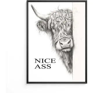 FORYOU24 Badezimmer Deko Bilde | hochwertiger Kunstdruck | schwarz weiß Wandbilder | WC Deko | Premium Druck Highland Kuh A4 Poster P-165A4
