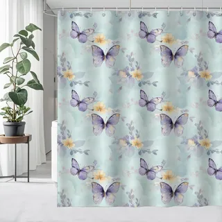 Duschvorhang Blau 180x200cm Stoff Polyester Textil Anti-Schimmel Shower Curtains Blätter Duschvorhang Beschwerer Wasserabweisend Badewanne Vorhang aus Waschbar Badvorhang mit 12 Duschvorhängeringen