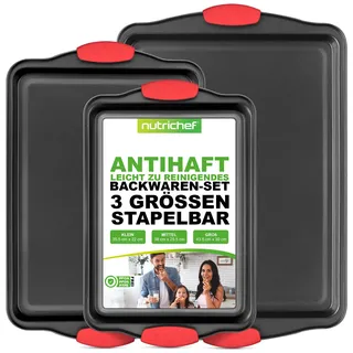 NutriChef Backblech Set 3-teilig – Antihaft Backform rechteckig stapelbar aus Kohlenstoffstah Spülmaschinenfest | Hitzebeständig bis 230°C | Auflaufform & Kuchenform Set