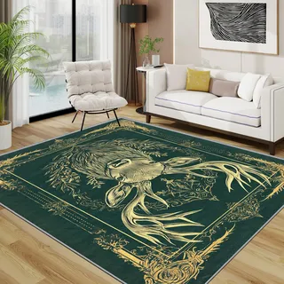 TerroVee Hirschmotiv Teppich 140x200 cm, Vintage Barock Geweih Teppich Wohnzimmer, Klassisch Luxus Kurzflor rutschfest Pflegeleicht Teppiche Für Jugendzimmer Schlafzimmer, Dunkelgrün