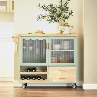 Mobile Kücheninsel auf Rollen mit 2 Glastüren, Küchenwagen mit Arbeitsplatte Rollwagen Küche Küchen Aufbewahrungseinheit auf Rollen für das Esszimmer Grün und Natur B109 × H92 × T40 cm FKW114-GR