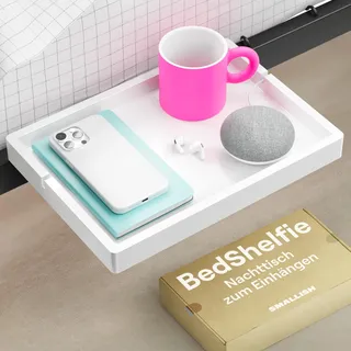 BedShelfie Bettseitiges Nachttisch Zum Einhängen Bettablage für Etagen & Oberes Bett, Studentenwohnheim Essentials, Hochbett Nachttisch, Bettablage Tablett, Wohnheim Deko - Flexfit Modell, Weiß