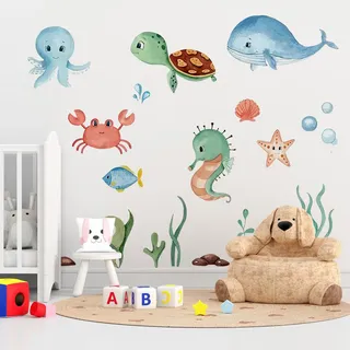 Hwtcjx Wandsticker Kinderzimmer, Wandtattoo Meerestiere, Wandaufkleber Kinderzimmer, Wanddeko, Aufkleber Wand, Wall Stickers für Badezimmer, Schlafzimmer, Wohnzimmer, Toilette, Kind (30 x 90 cm) (A)