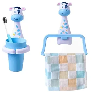 Jauhmui Zahnputzbecher Handtuchhalter Set für Kinder, Cartoon Tiere Zahnbürstenhalter, Zahnbürstenhalter ohne Bohren,Reinigungsmittel Für Babys (Milchkuh)
