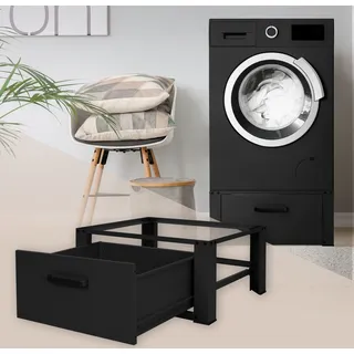 ML-Design Waschmaschinen Untergestell mit Schublade 63x54cm Stahl Schwarz bis 150kg, für Kühlschrank, Waschmaschinen-Unterschrank Waschmaschinensockel - Schwarz