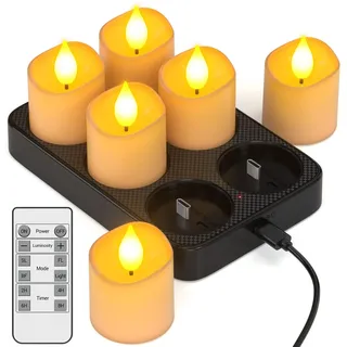 Yme Aufladbare Teelichter mit Timerfunktion & Ladestation, 6er LED Teelichter Wiederaufladbar Kerzen Flackernd mit Fernbedienung Timer für Zimmer Wohnzimmer Halloween Kürbis Weihnachten Party Deko