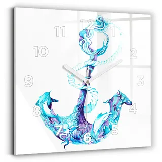 Wallfluent Wanduhr – Stilles Quarzuhrwerk - Uhr Dekoration Wohnzimmer Schlafzimmer Küche - Zifferblatt - weiße Zeiger - 30x30 cm - Anker im Meer - Blau