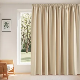 PONY DANCE Extra Breite Gardine Wohnzimmer mit Kräuselband 1er Set H 245 x B 300 cm Biscotti Beige, Thermo Vorhänge gegen Hitze 60-75% Blackout Curtains with Rail Hooks for Bedroom