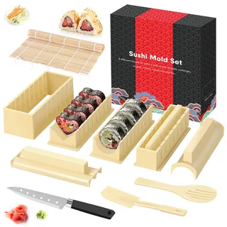 SKYSER Sushi Maker set, 12 Artikel Kit für Anfänger zum selber machen, Kann als Sushiteller verwendet werden mit Reis Roll Formen, Messer, sushi-rolling Matte(Weiß)