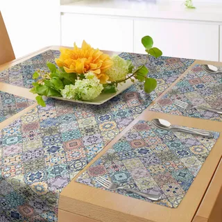 ABAKUHAUS Geometrisch Tischläufer & 4 Stück Tischsets, Stilisierte Pastell Oriental Mosaik Quadrat Scraps kaleidoskopischen Wirkung Fliesen-Muster, Tischdeko-Set, 180 x 40 cm, Beige Teal Gelb