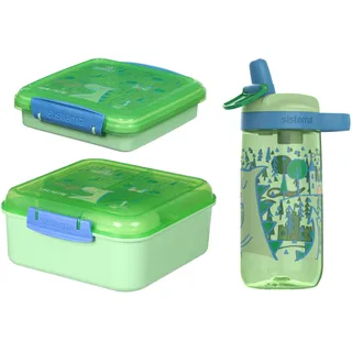 Sistema Expressions Kinder Brotdose & Wasserflaschen-Set | Bento Cube (1,25L), Sandwich Box (450ml) & Easy Sip Flasche (500ml) | Dinosaur Cucumber