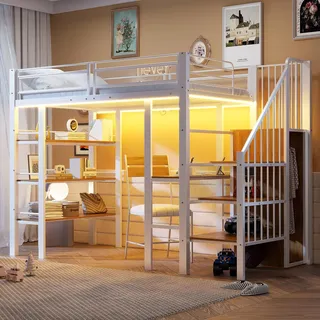 Flieks Etagenbett 90x200cm mit Schreibtisch und Bücherregal, Kinderbett Jugendbett mit Led und Ladefunktion, Hochbett mit Treppe und Garderobe, Weiß - Weiß