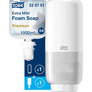 Tork Schaumseifenspender für Schaumseife und Desinfektionsmittel - S4 Spendersystem, Hands-Free Seifenspender, Weiß + Extra milde Schaumseife, 1 x 1000 ml