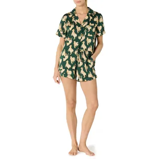 Amazon Essentials Damen Nachtwäsche-Set aus Kurzärmeligem Satin-Oberteil mit Knöpfen und Shorts, Dunkelgrün Beige Zebras, M