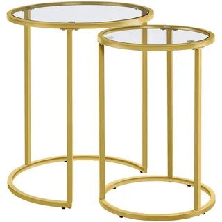 Yaheetech Satztische rund, 2er Set Beistelltisch, Couchtisch Glas, für Wohnzimmer, modernes Design, Metallgestell senf Gold, 49,5 x 49,5 x 59 cm