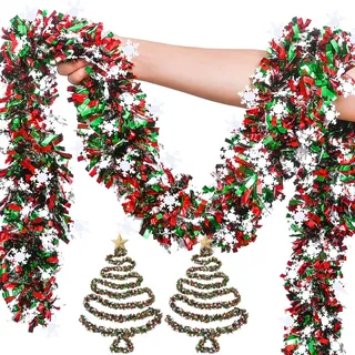 Onlvmyur 5PCS Weihnachtsgirlande 2 M Grüne & Rote Girlande Weihnachten Mit Schneeflocken Tannenbaum Lametta Künstliche Girlande Lametta für Dekoration Weihnachtsfeier Innen und Außen