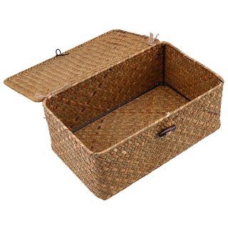 Esoes Aufbewahrungskorb aus geflochtenem Rattan, Aufbewahrungsbox mit Deckel, Seegras, Wäschekörbe, Make-up-Organizer für Badezimmer, Wohnzimmer, Küche