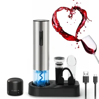 ZOYIDOUX 7-in-1 elektrischer weinkorkenzieher-Geschenkset Edelstahl, elektrischer Weinöffner mit Basis, Schneider, Ausgießer, Silikon-Vakuumstopfen, Weinkorken mit Schloss, USB-Ladeleitung