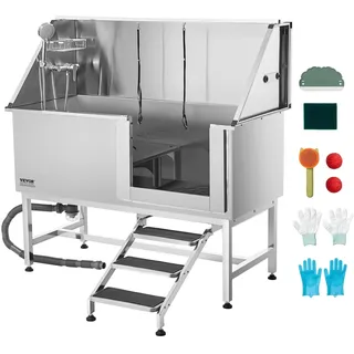 Vevor Hundewaschstation Edelstahl, 1500x700x1495 mm Tierpflegewanne mit Treppe, PE-Wasserfilterplatte, Wasserhahn, Duschkopf & Seifenhalter, für große, mittelgroße & kleine Haustiere (rechte Tür)