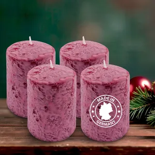 Rote Premium Stumpenkerzen, 4er Set, Kamin Rot, Rocco Kerzen, Unparfümiert aus Natur Wachs, Ohne Palmöl, 90x60mm, Für Hochzeit Deko Advent Weihnachten & Adventskerzen, Gesamtbrenndauer bis zu 104h