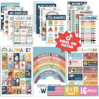16 Boho-Kinder-Pädagogische Poster für Kleinkinder – Lehrer-Poster für Klassenzimmer-Poster Elementar, Pre K Lernposter für Kleinkinder 1–3, Boho-Klassenzimmer-Poster, Alphabet-Poster für Kleinkinder