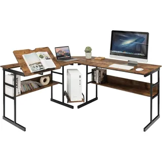 COSTWAY L-förmiger Schreibtisch, Eckschreibtisch aus Holz mit neigbarer Tischplatte, unterem Bücherregal & CPU-Ständer, Zeichentisch Computertisch für Zuhause Büro, 170 x 150 x 75 cm (Braun) - Braun