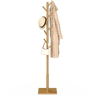 YheenLf Garderobenständer Holz, Jackenständer, Kleiderständer Stabil, Garderobe Stehend für Eingang, Wohnzimmer, 8 Haken, 3 Verstellbare Höhen, 30x30x180cm, Holzfarben