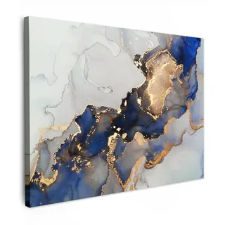MuchoWow© Leinwände Wall Decoration Bilder Schlafzimmer Goldene Deko | 70x50 cm - Pictures Canvas Painting Wanddekoration Wohnzimmer Marmor - Blau - Bild Gold
