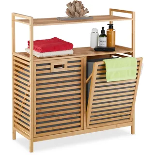 Relaxdays Wäschekorb mit Ablagen, 2 kippbare Wäschesammler, je 40 Liter, Bambus, Stoff, HxBxT: 95 x 88 x 33 cm, natur