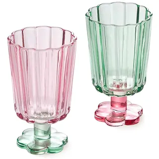 TUCHACA Hohe Ripple Trinkgläser Set von 2 (Rosa,Grün), Blumen Blütenblatt Stil Glas Becher, geeignet für Saft, Eis, Cocktails, Dessert usw.