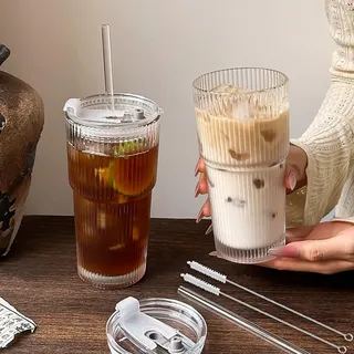 Cimvidi 2 Stück 600ml Glasbecher mit Deckel Strohhalm und Bürste, Glas Smoothie Becher mit Strohhalm, Luftdicht Wasserdicht Design Kaffeebecher Travel Mug, Eiskaffee Becher, Trinkglas (weiß 600ml)